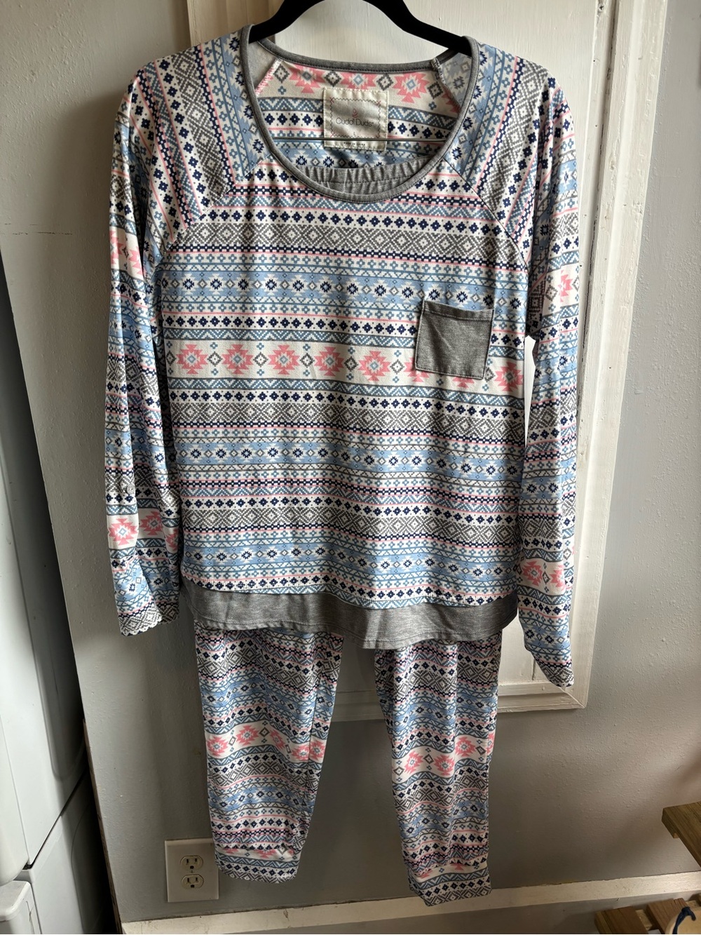 Cuddl Duds Fair Isle Long Sleeve Pajama Set in Blue, Pink & Gray